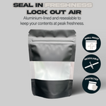 BLACK MYLAR BAG STAND UP POUCH ALL SIZES