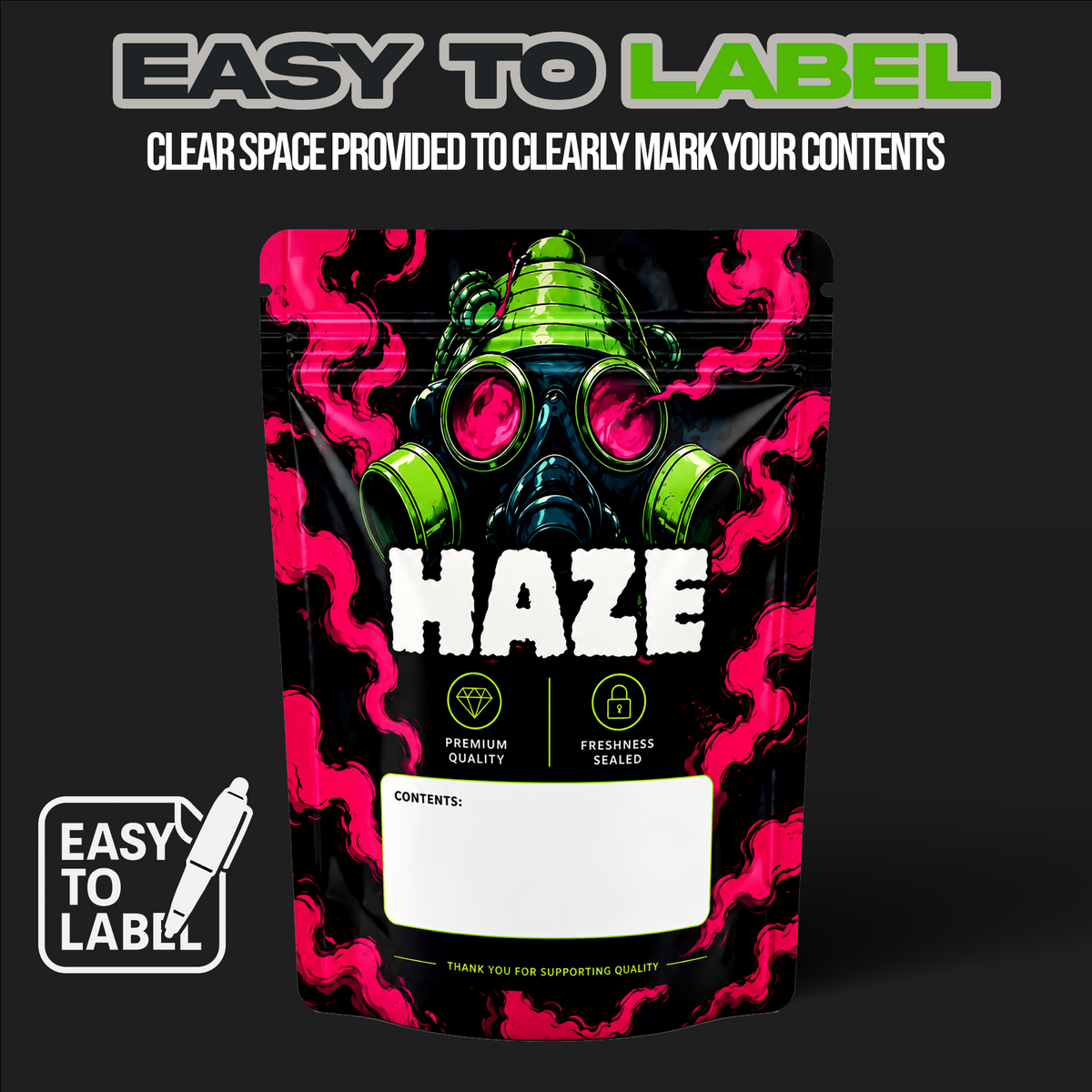 A stand-up resealable pouch package on a dark background with the text 'EASY TO LABEL' at the top and a white 'EASY TO LABEL' badge at bottom left. The pouch has a black base with bright pink smoke-like graphics, a green gas mask illustration, large white 'HAZE' text, and a blank white contents window near the bottom.